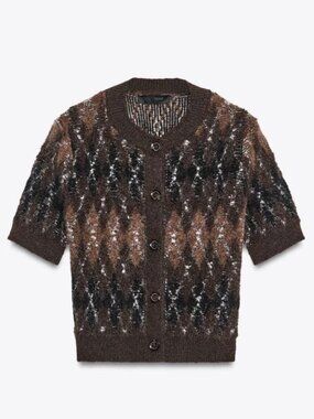 Argyle Knit Short Sleeve Cardigan Zara Size S